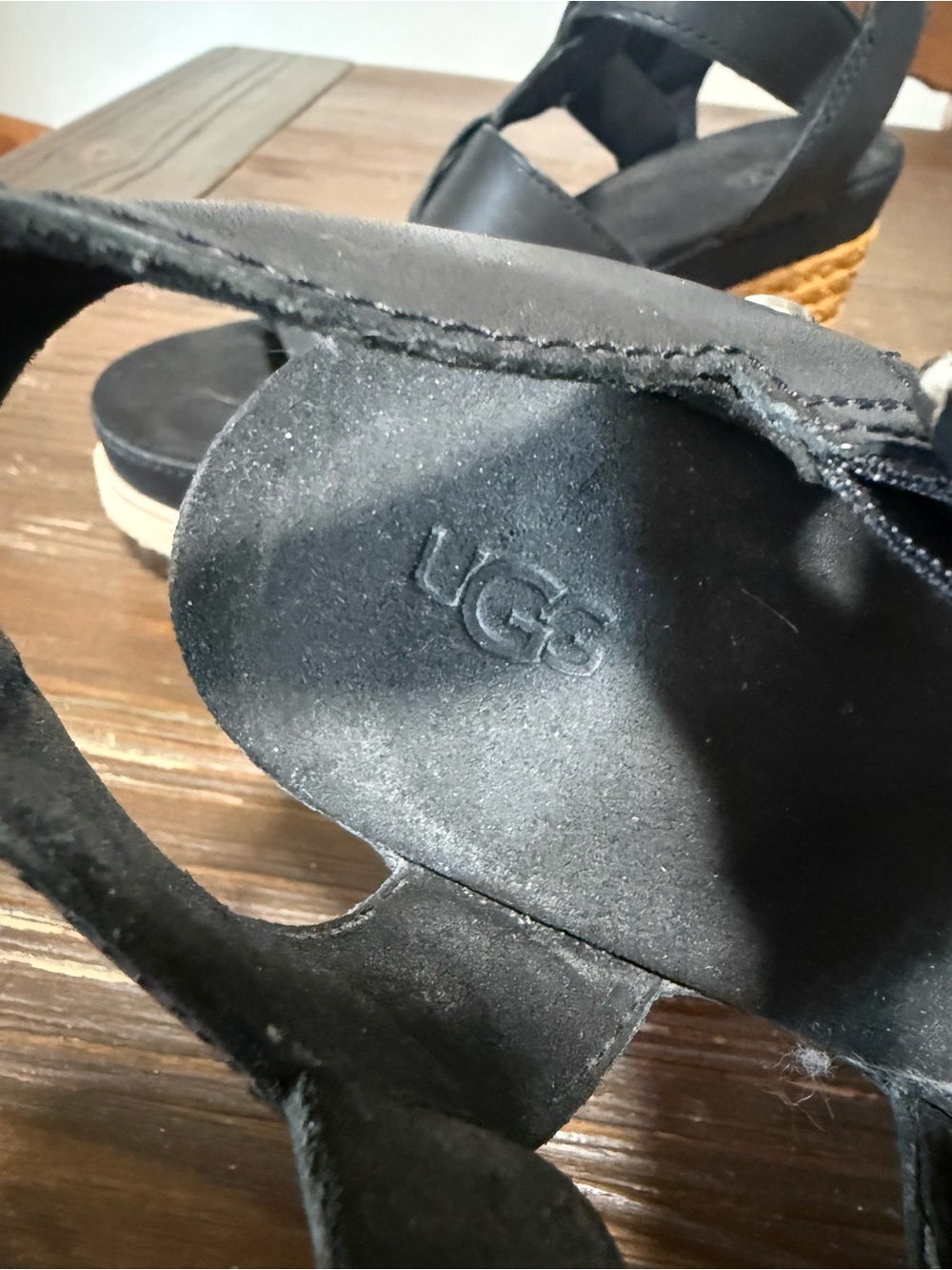 UGG Black Leather Wedge Sandals with Braided Espadrille Heel - Picture 3 of 4